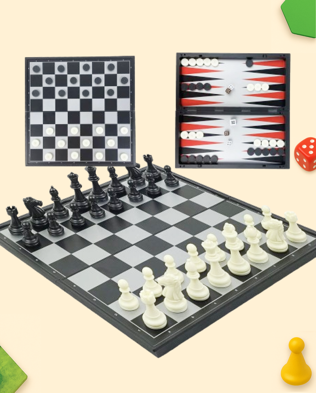 Échecs, Dames & Backgammon Magnétiques 3 en 1