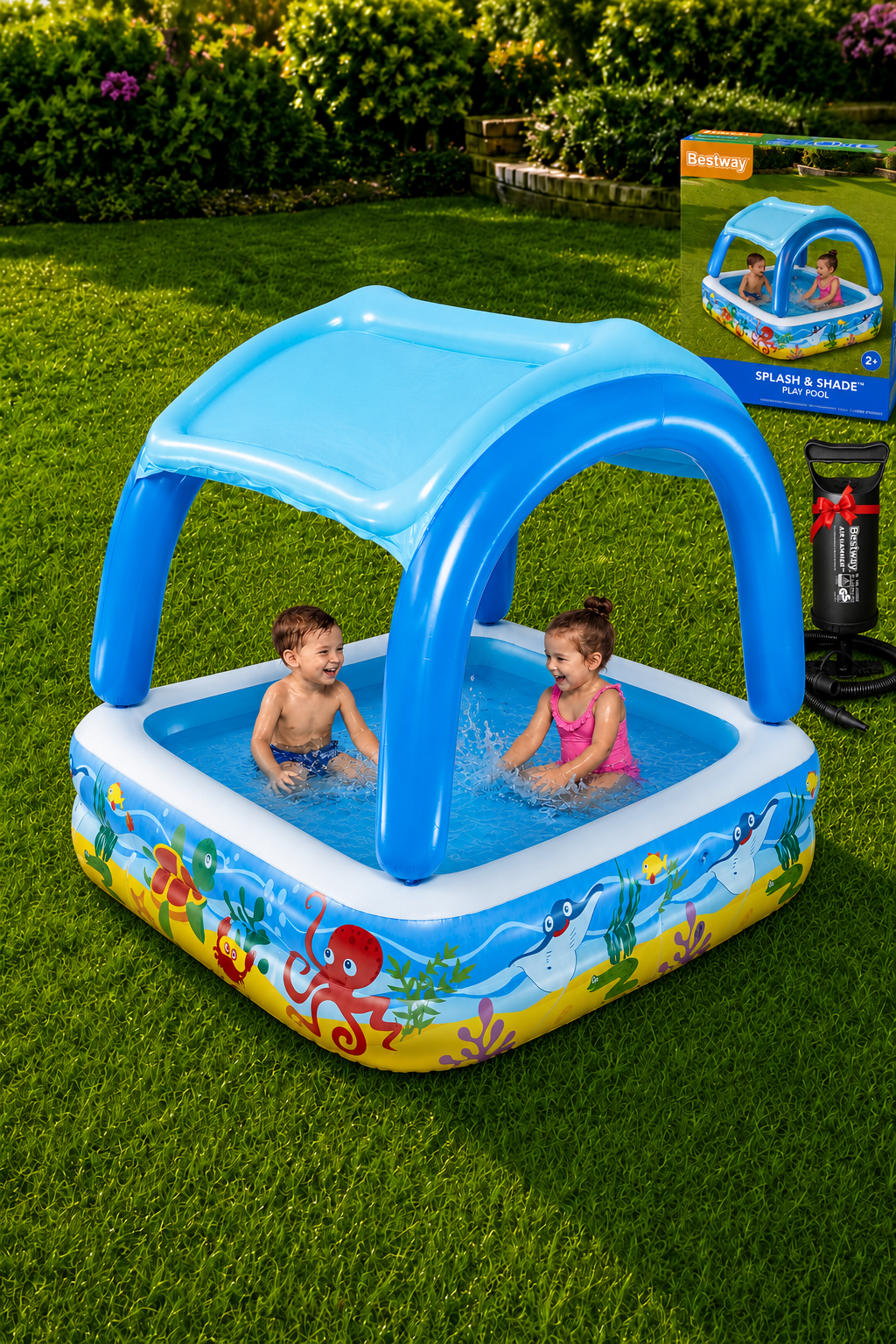 Piscine Gonflable Bestway avec Toit Pare-Soleil 1,5×1,5×1,5 m + Pompe 1850ml – Parfait Pour Enfants