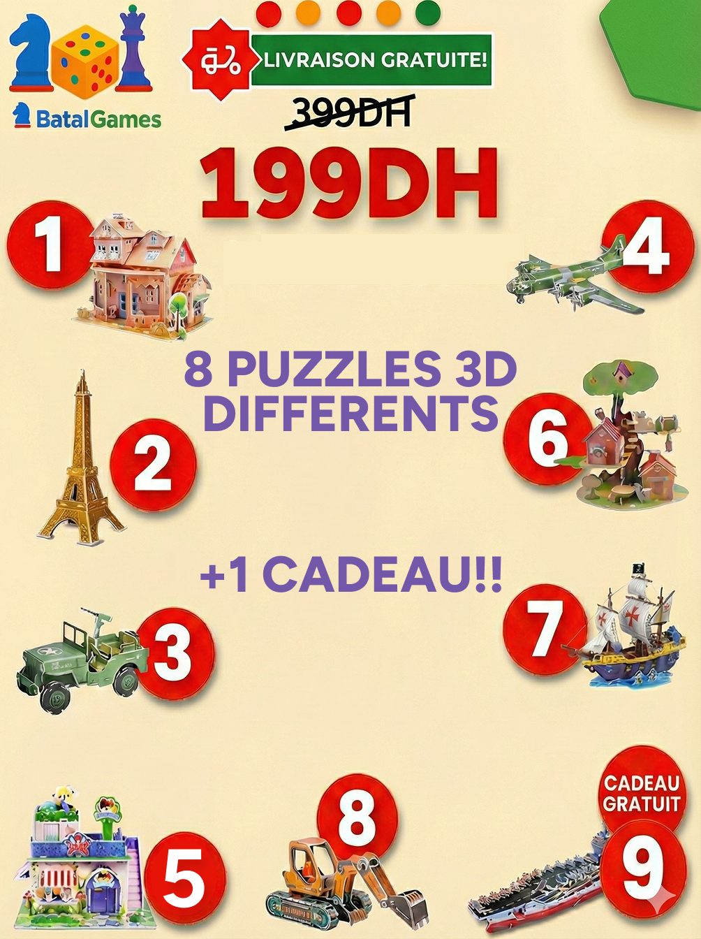 Pack 3D Premium – 8 Puzzles XL + 1 Puzzle Offert | Jeu Créatif Famille – Livraison Gratuite