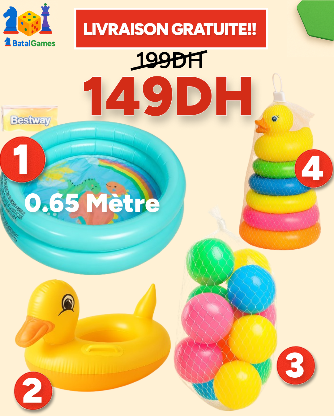 Pack Plage MINI – Piscine Bébé, Bouée Canard, Balles & Jouet Empilable