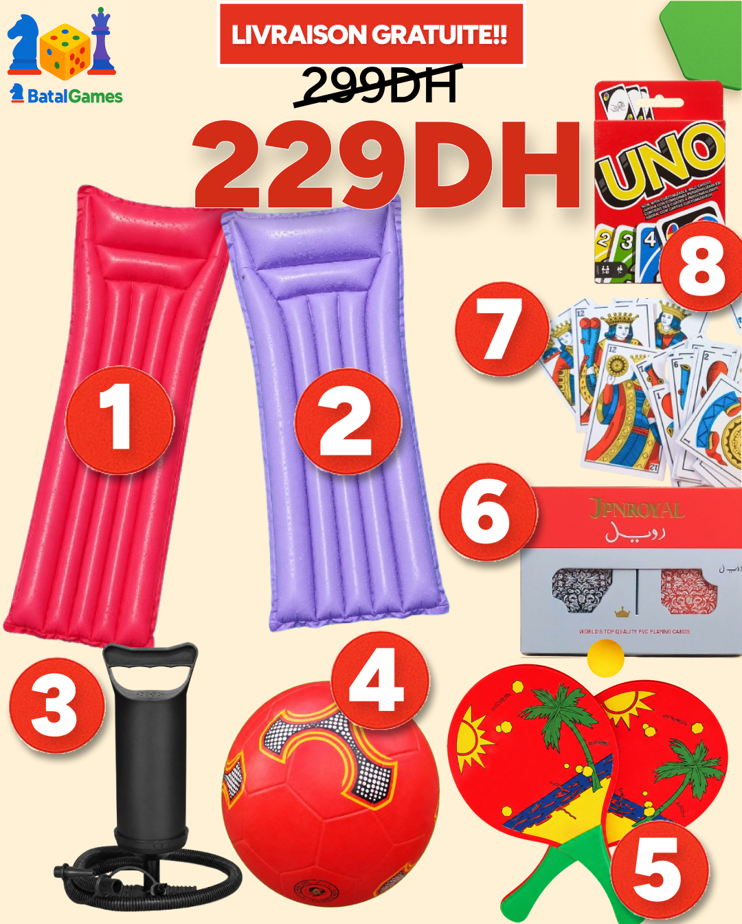Pack Beach Fun – Matelas Bestway, Ballon, Jeux de Cartes – 229 DH – Livraison Gratuite