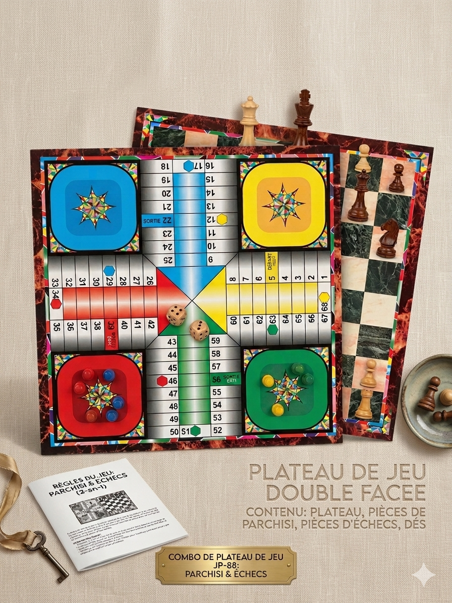 Jeu de Société 2-en-1 : Échecs et Parchisi - Plateau Double Face