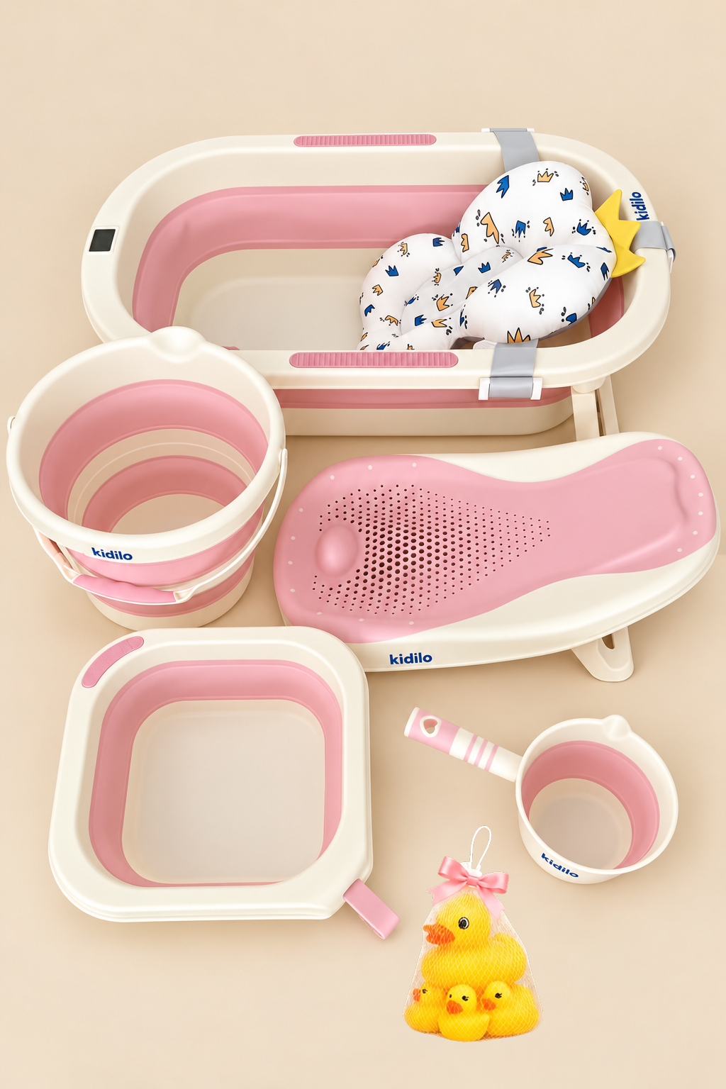 Kit Bain Bébé Kidilo® 6 en 1 – Baignoire Pliable Avec 5 Accessoires + Cadeau!