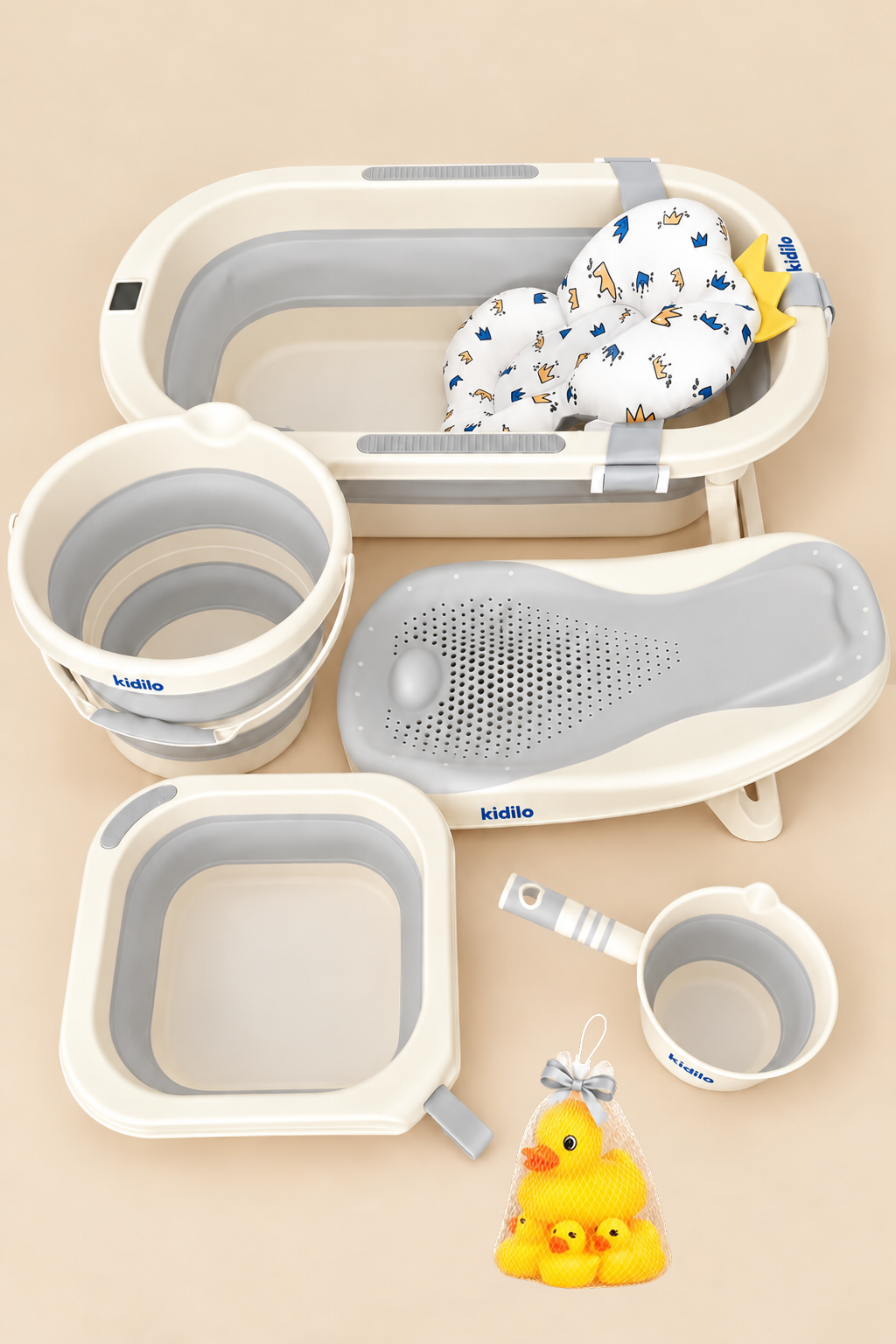 Kit Bain Bébé Kidilo® 6 en 1 – Baignoire Pliable Avec 5 Accessoires + Cadeau!