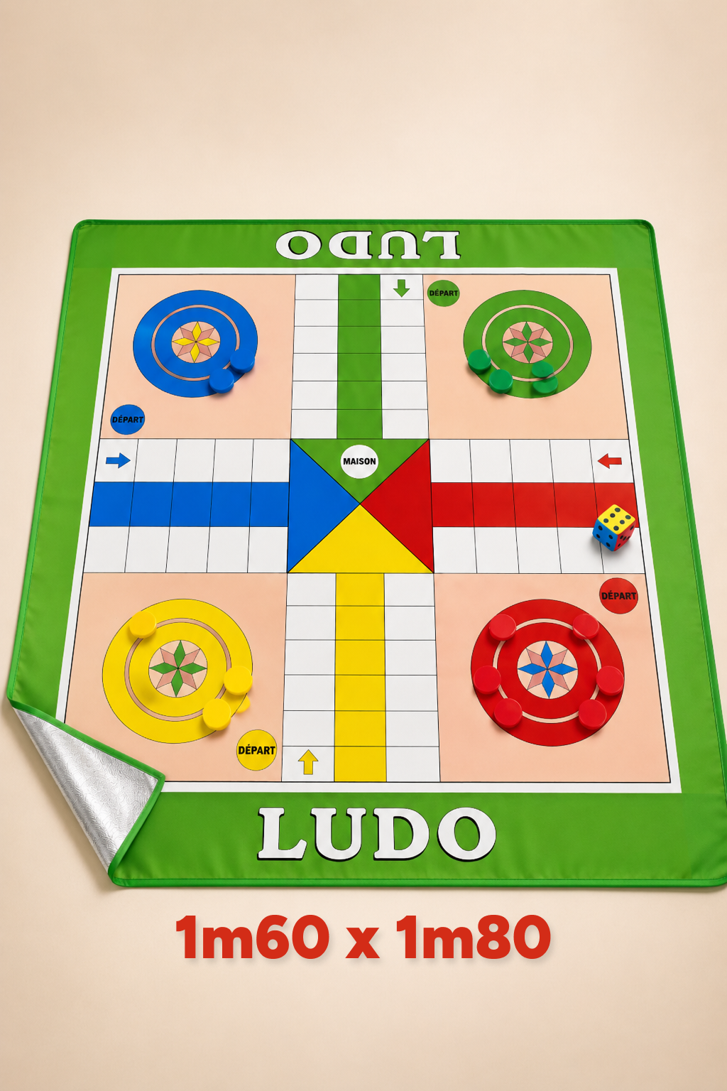 Tapis Ludo Géant Imperméable 180×160 cm – Jeu Grand Format 4 Joueurs