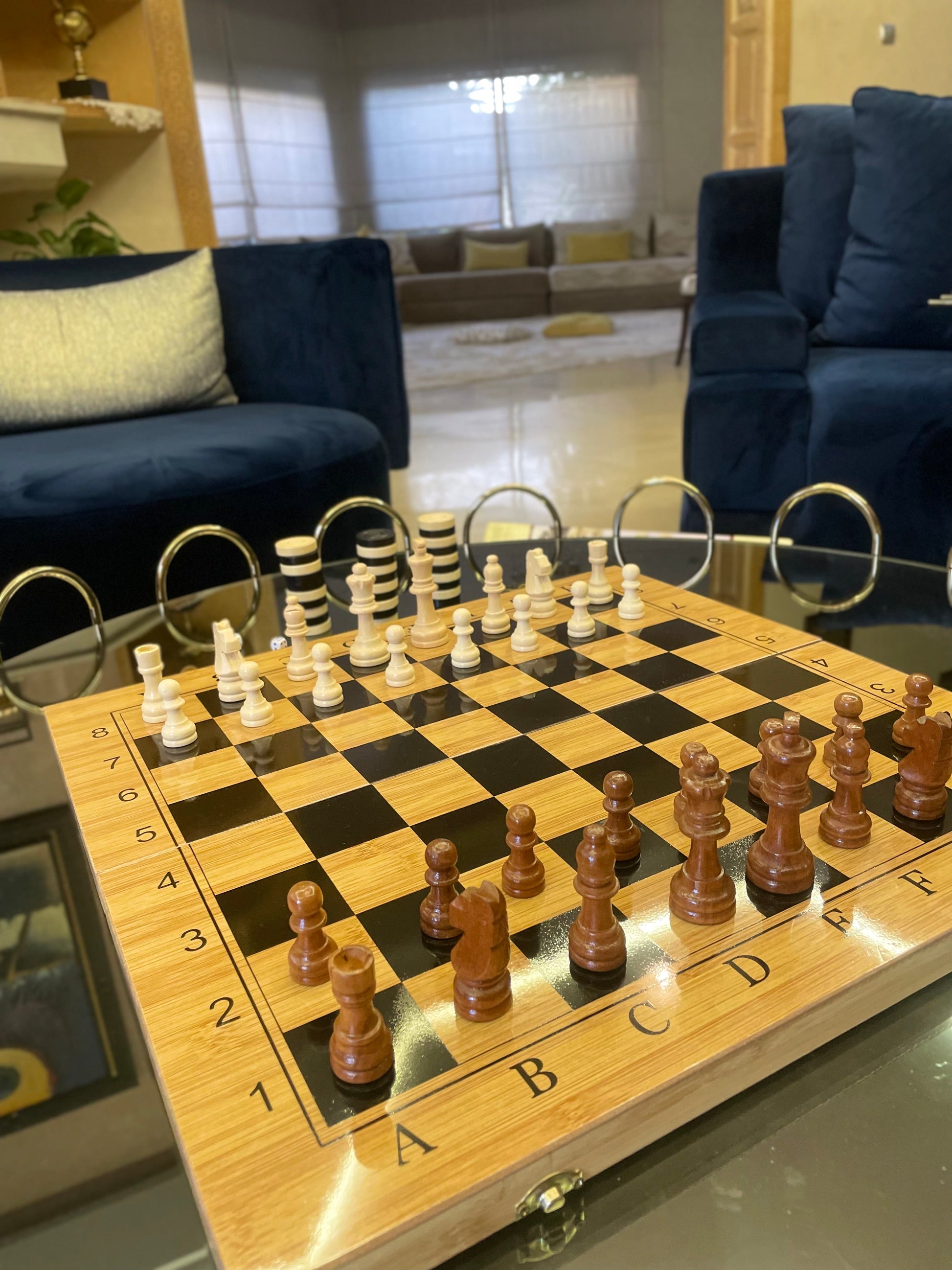 Chess Set 3 en 1 ULTRA GRAND FORMAT– Échecs, Dames & Backgammon en Bambou Haut de Gamme