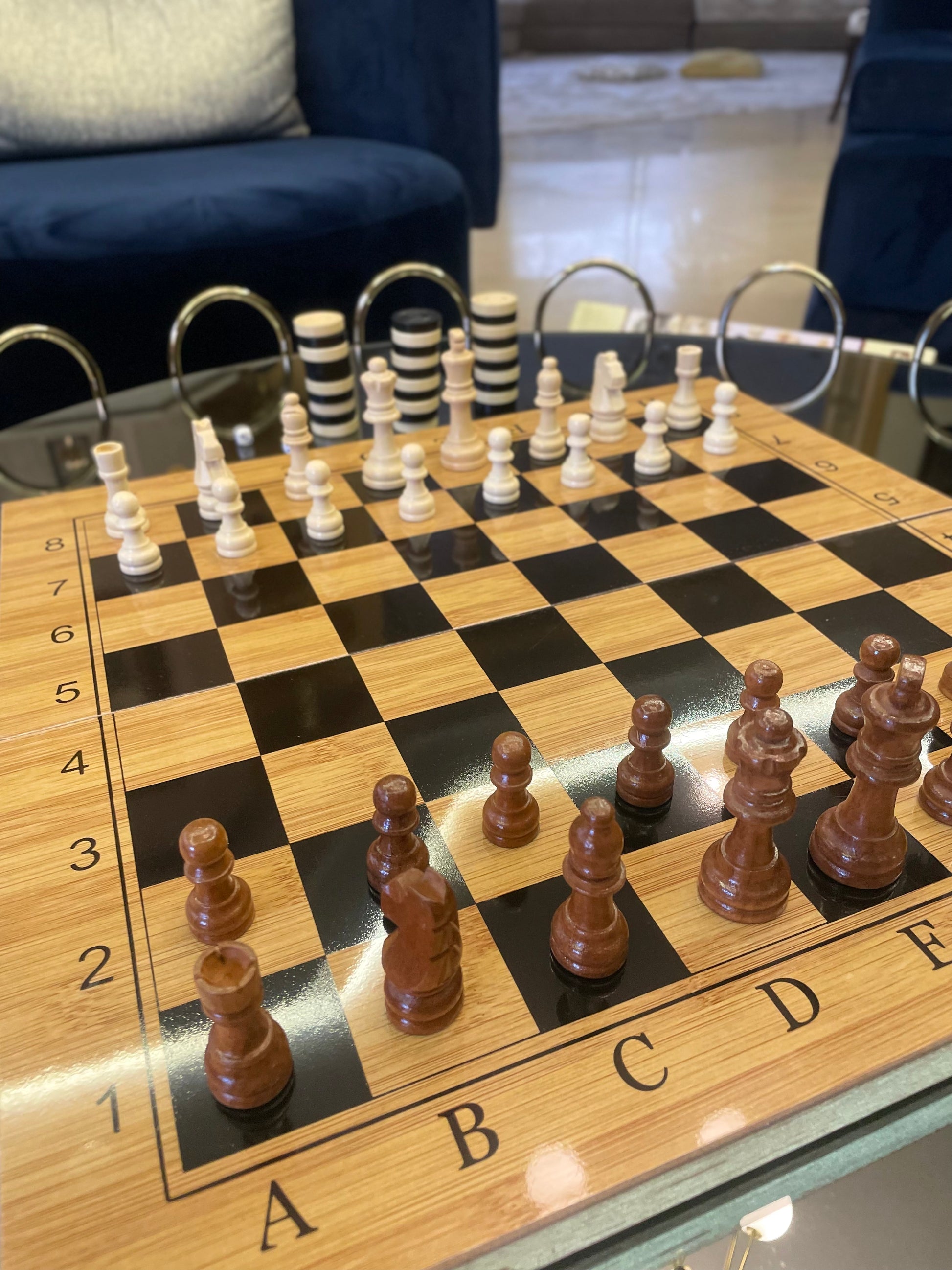 Chess Set 3 en 1 ULTRA GRAND FORMAT– Échecs, Dames & Backgammon en Bambou Haut de Gamme