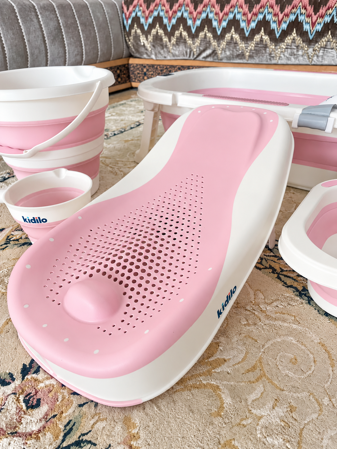 Kit Bain Bébé Kidilo® 6 en 1 – Baignoire Pliable Avec 5 Accessoires + Cadeau!