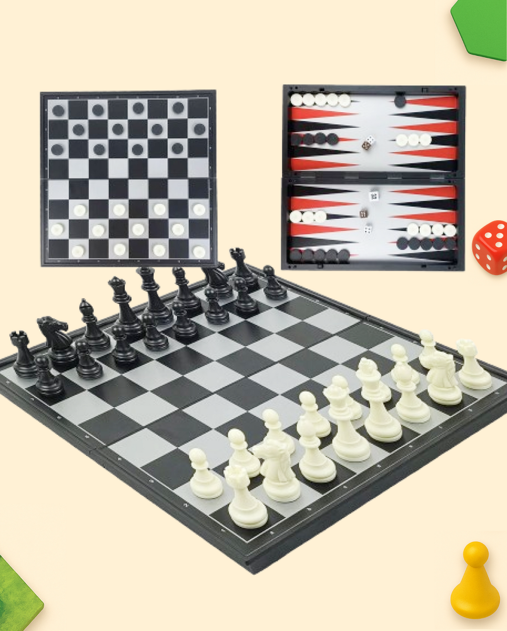 Échecs, Dames & Backgammon Magnétiques 3 en 1