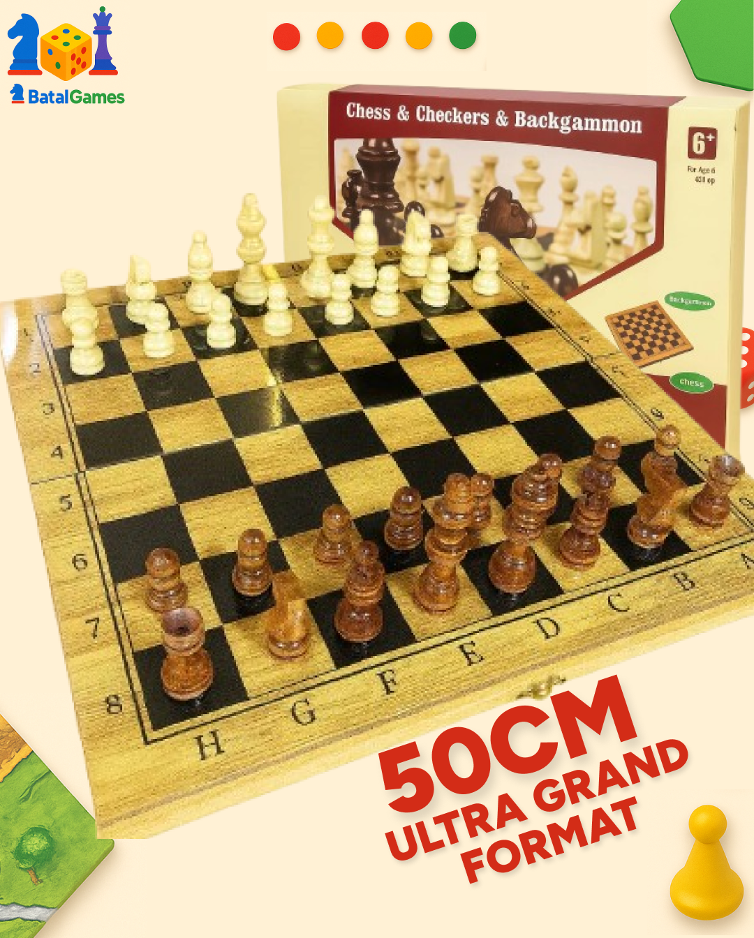 Chess Set 3 en 1 ULTRA GRAND FORMAT– Échecs, Dames & Backgammon en Bambou Haut de Gamme