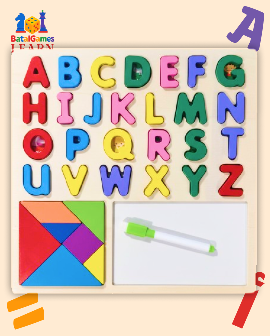 Tableau éducatif Alphabet FR/ENG – Lettres avec mots & illustrations + puzzle & ardoise