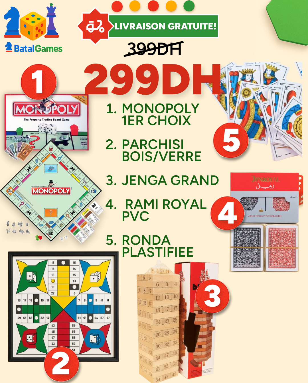 PACK 5 JEUX PREMIUM MONOPOLY, PARCHISI– 299DH + Livraison Gratuite
