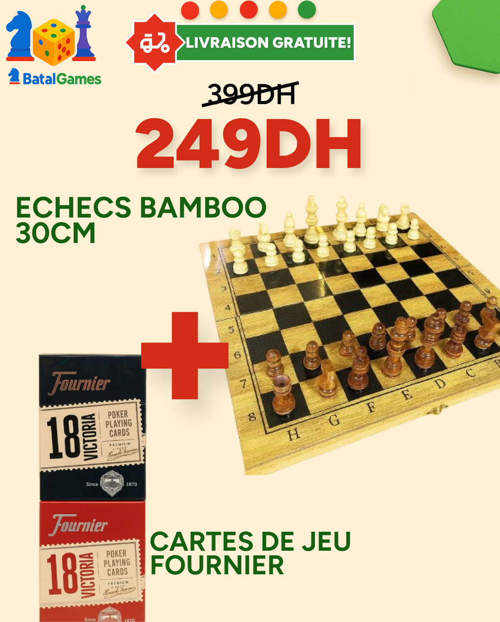 Pack Échecs Bambou & Cartes Fournier Originales - LIVRAISON GRATUITE
