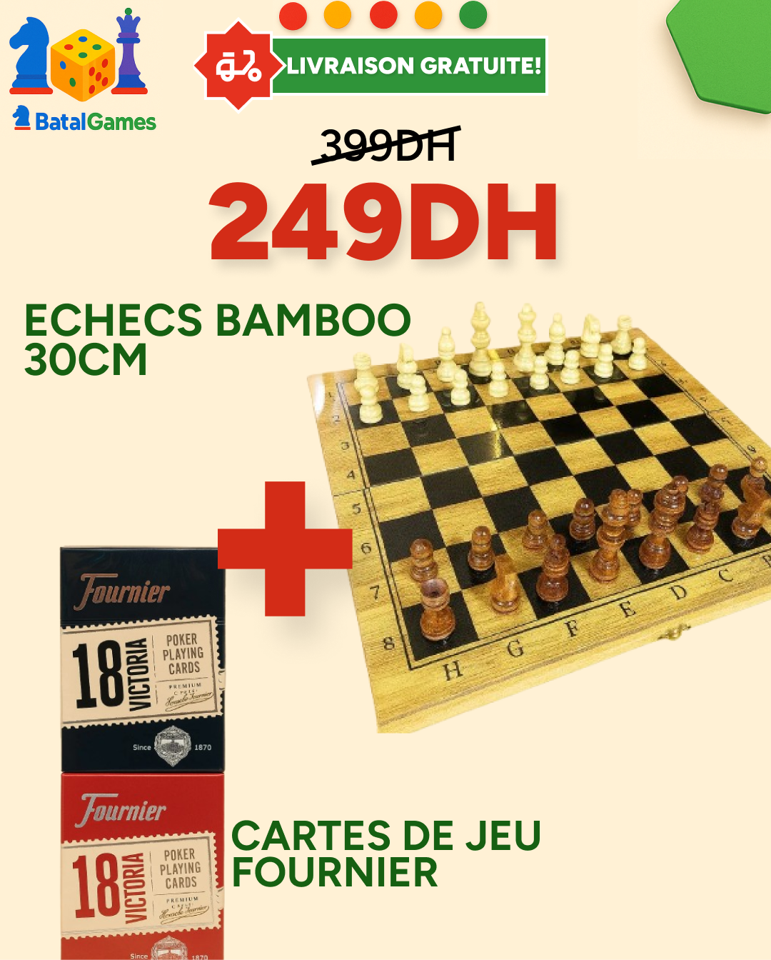 Pack Échecs Bambou & Cartes Fournier Originales - LIVRAISON GRATUITE