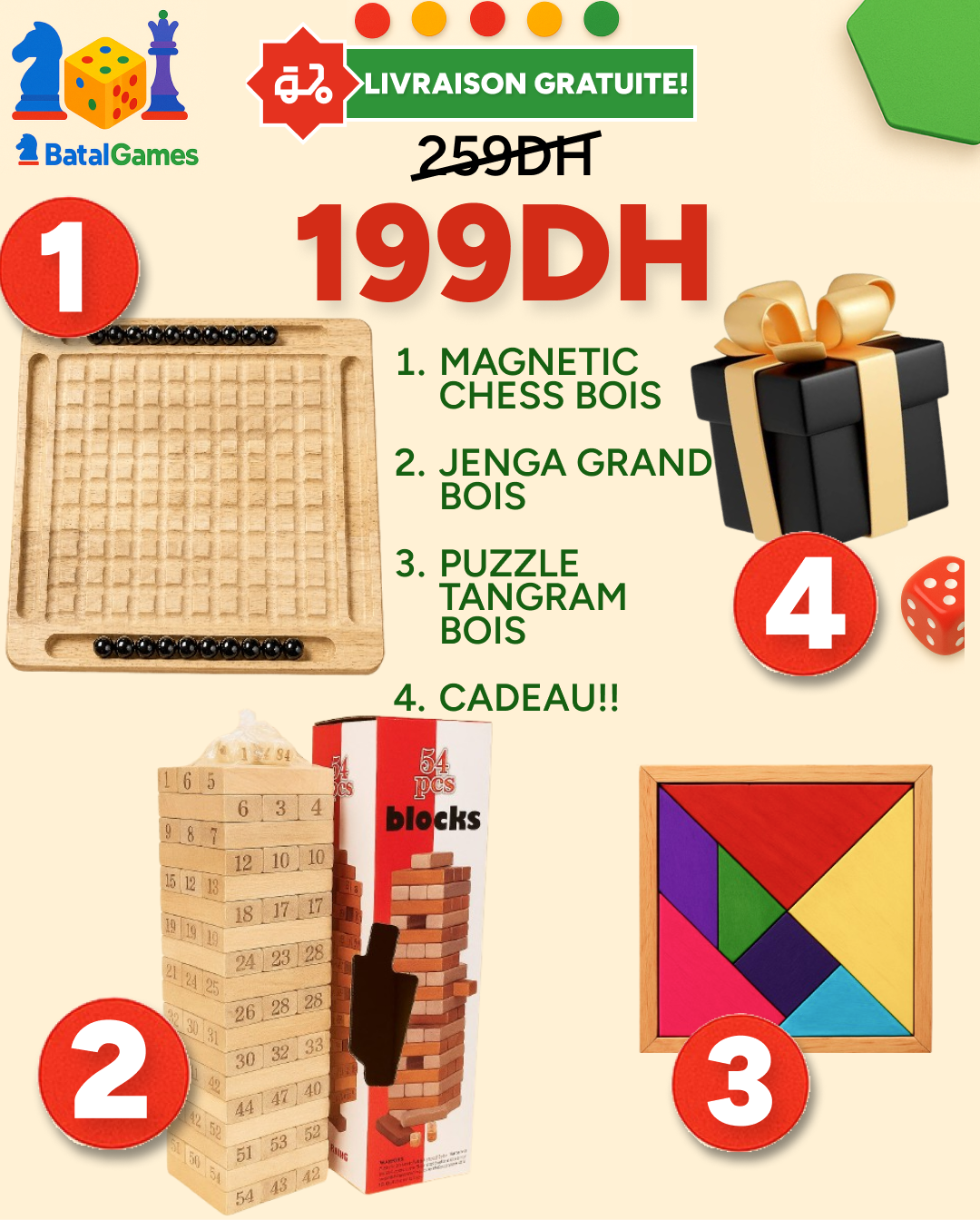 Pack Bois 3 Jeux + Cadeau – Magnetic Chess, Jenga & Tangram Bois