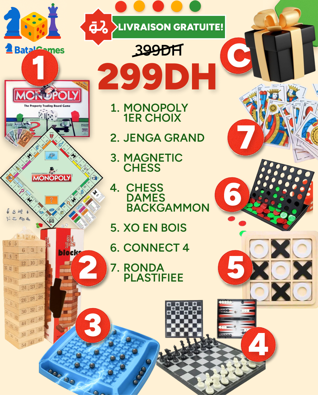 Pack 7 Jeux de Société Premium – Monopoly, Jenga, Échecs, Connect 4 + Cadeau Offert