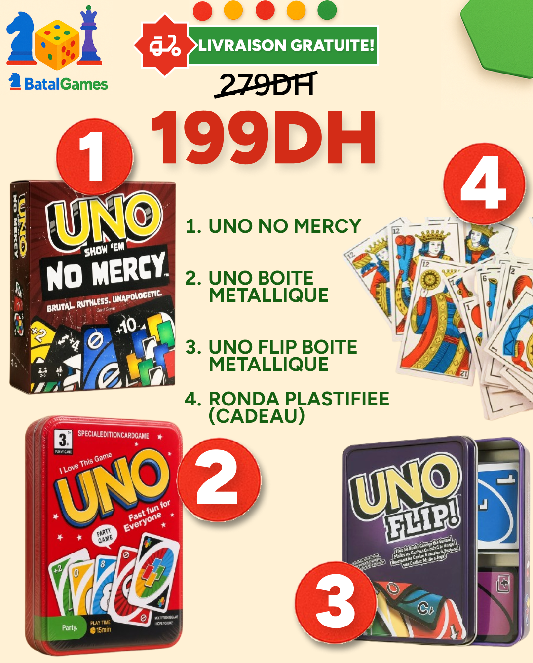 Pack 3 Jeux UNO + Ronda – No Mercy, Boîte Métallique, Flip – 199 DH