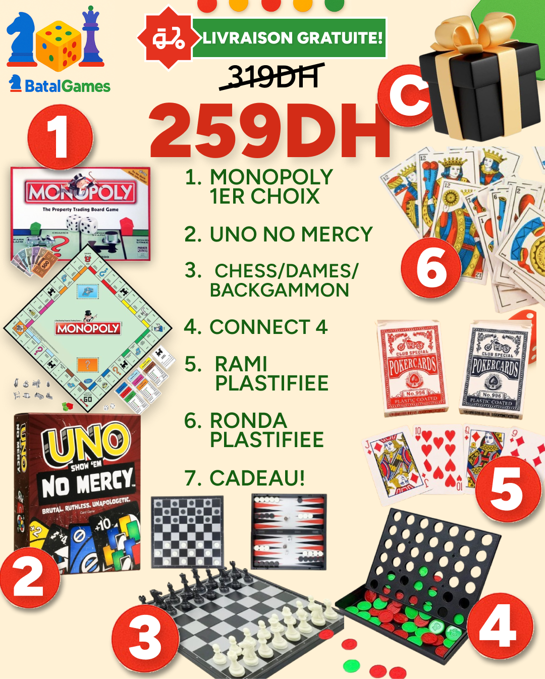 Pack 6 Jeux de Société Premium – Monopoly, UNO No Mercy, Échecs – 259 DH