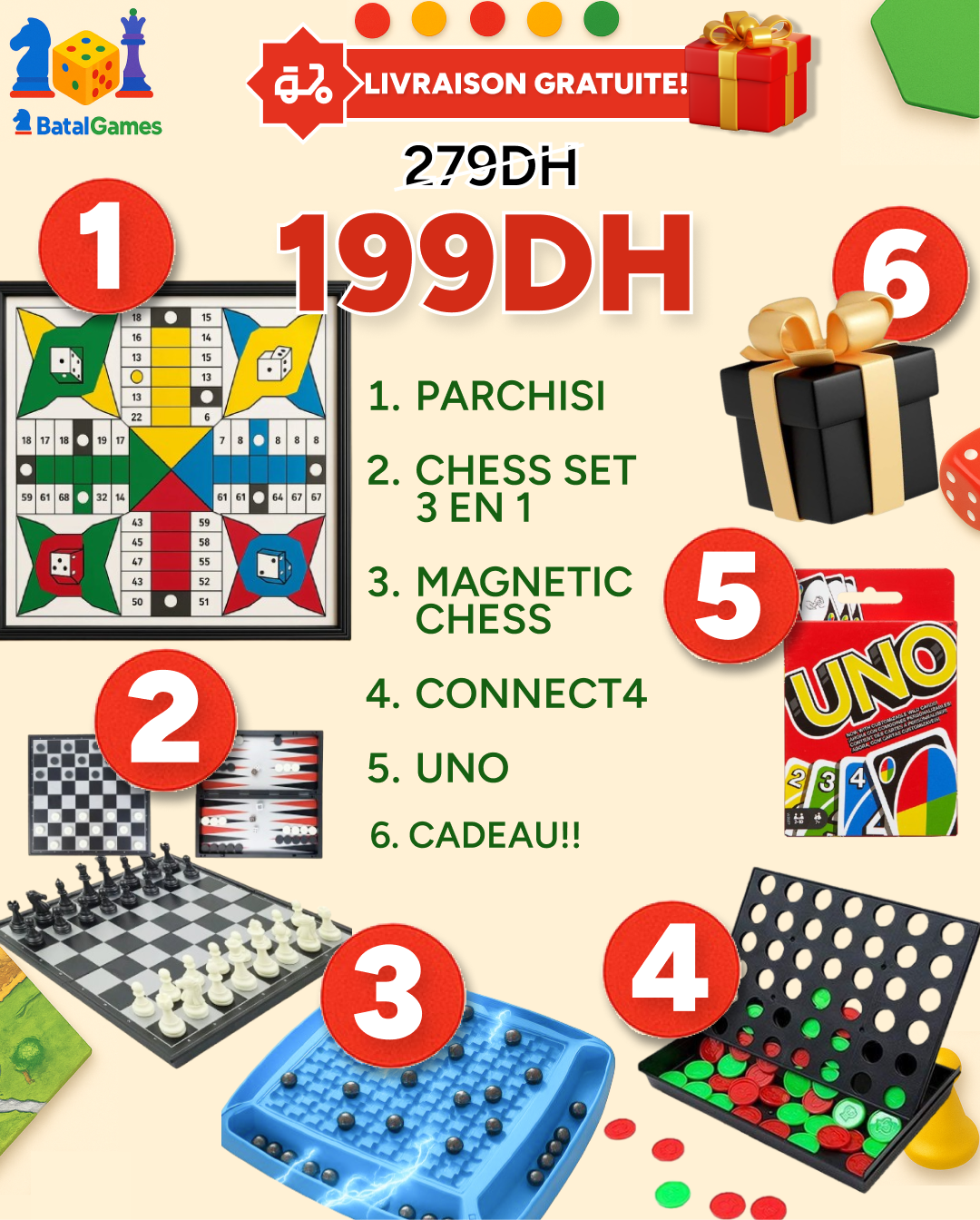 Pack 5 Jeux de Société Classique – Parchisi, Échecs, Magnetic Chess, Connect 4 – 199 DH