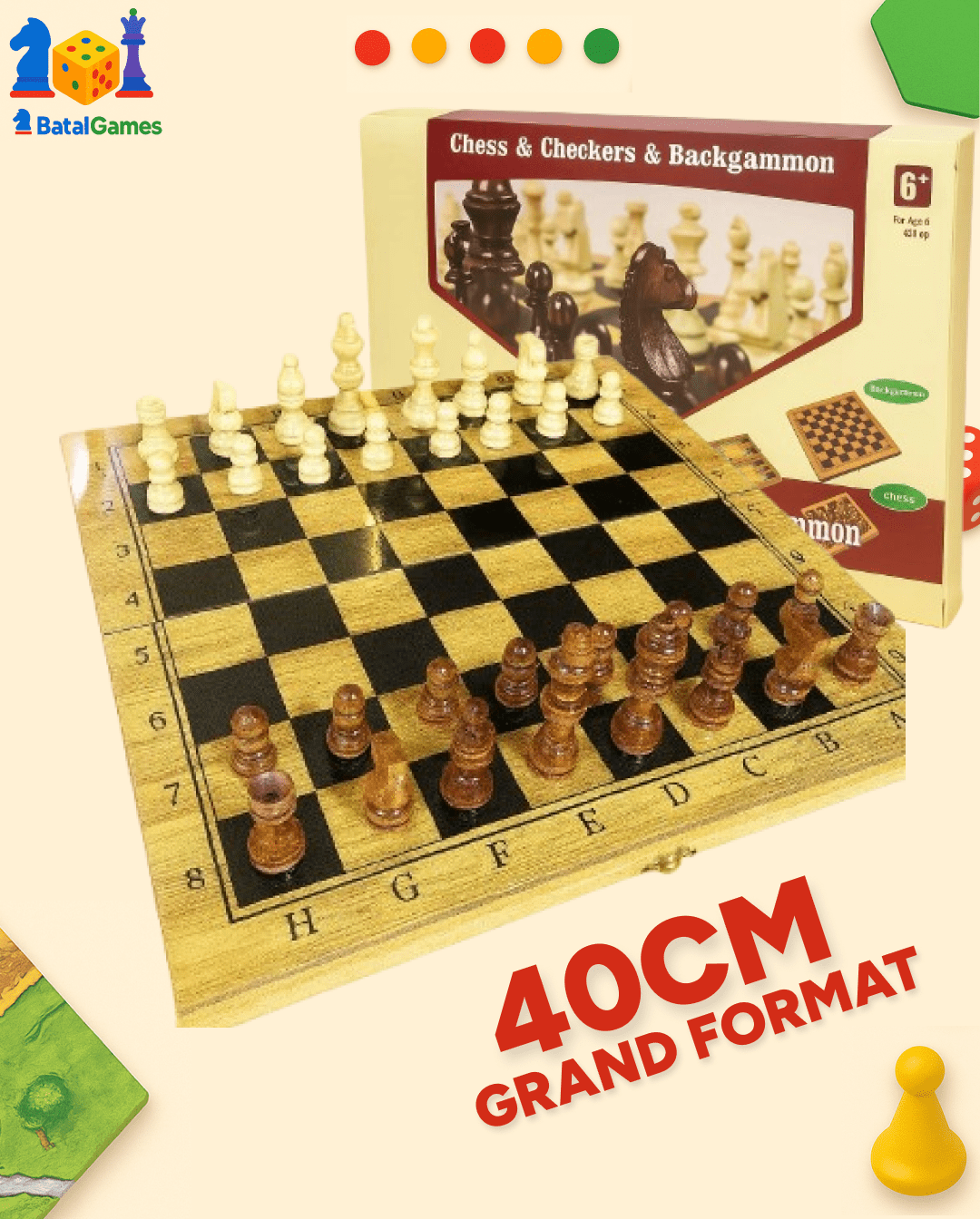 Chess Set 3 en 1 40CM – Échecs, Dames & Backgammon en Bambou Haut de Gamme - Batal Games