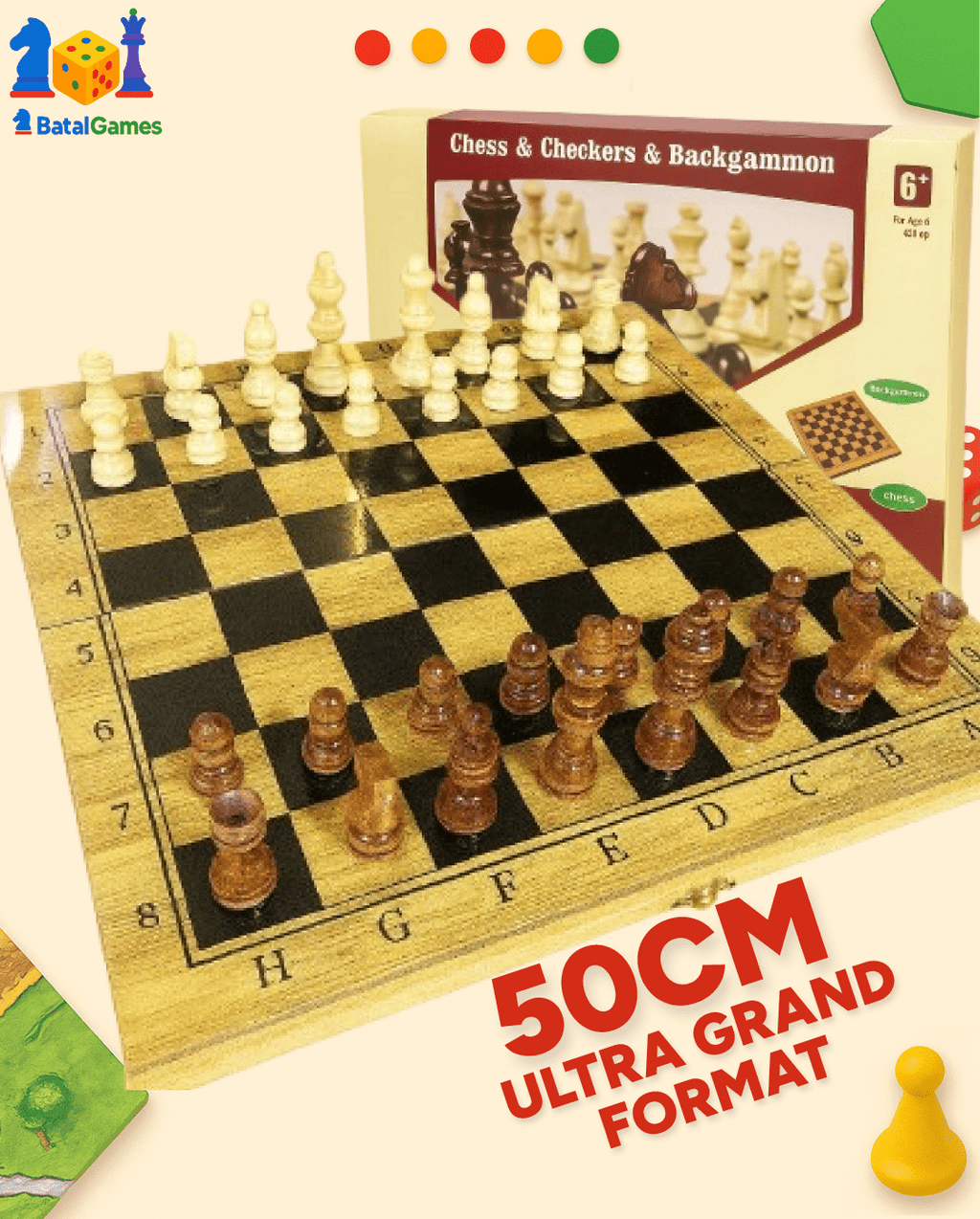 Chess Set 3 en 1 ULTRA GRAND – Échecs, Dames & Backgammon en Bambou Haut de Gamme - Batal Games
