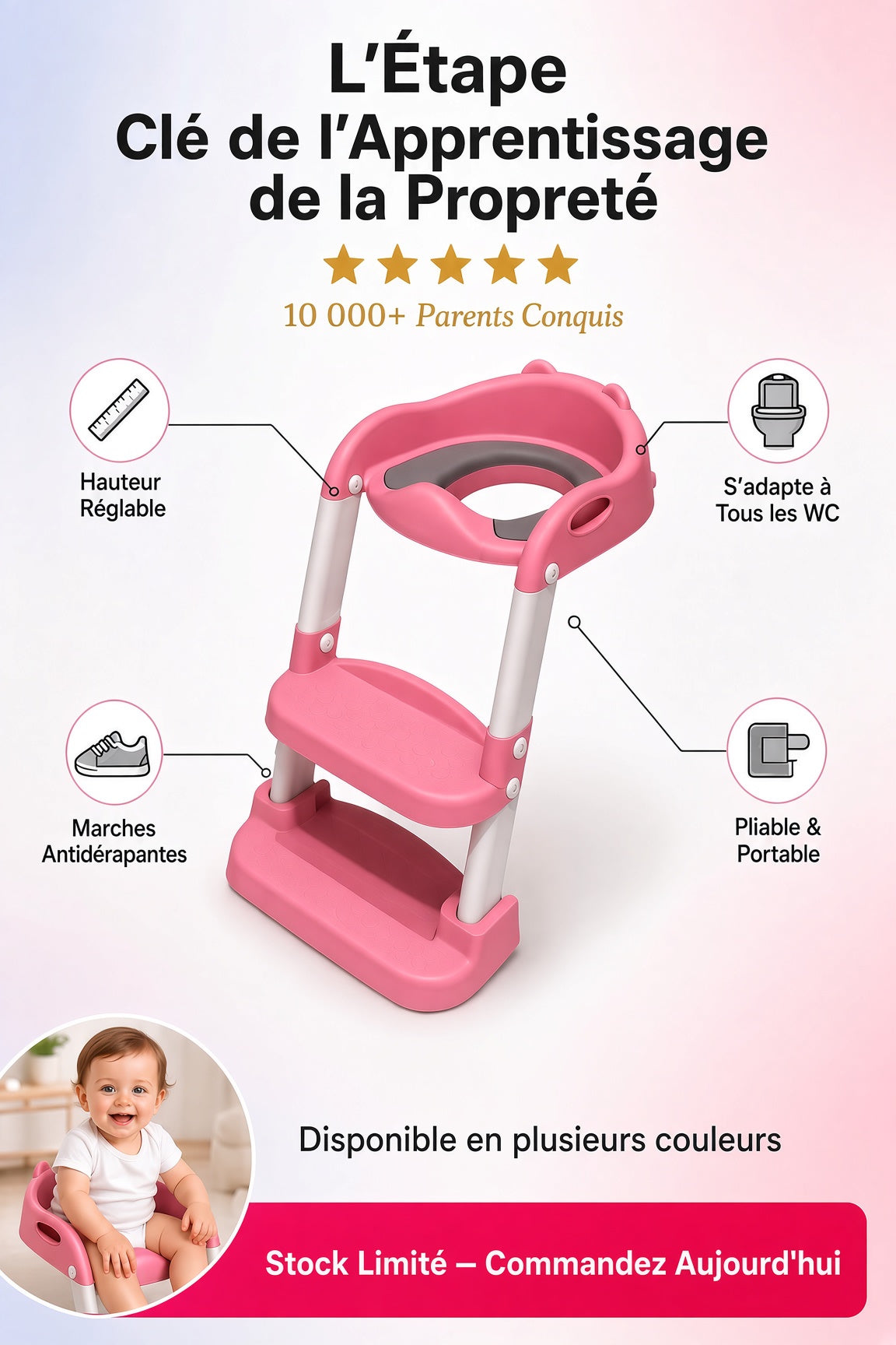 Siège de Toilette Enfant avec Marchepied Kidilo Baby Step – Pliable, 4 Couleurs