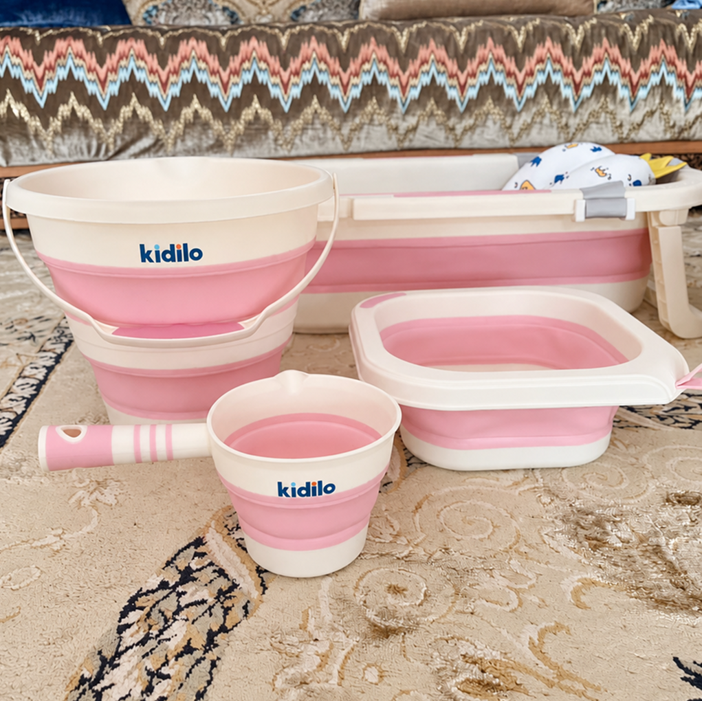 Kit Bain Bébé Kidilo® 6 en 1 – Baignoire Pliable Avec 5 Accessoires + Cadeau!