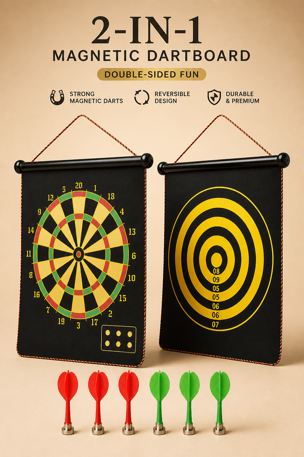 Jeu de Fléchettes Magnétique Premium 2 - en - 1 – Cible Double Face avec 6 Fléchettes Aimantées 🎯 - Batal Games