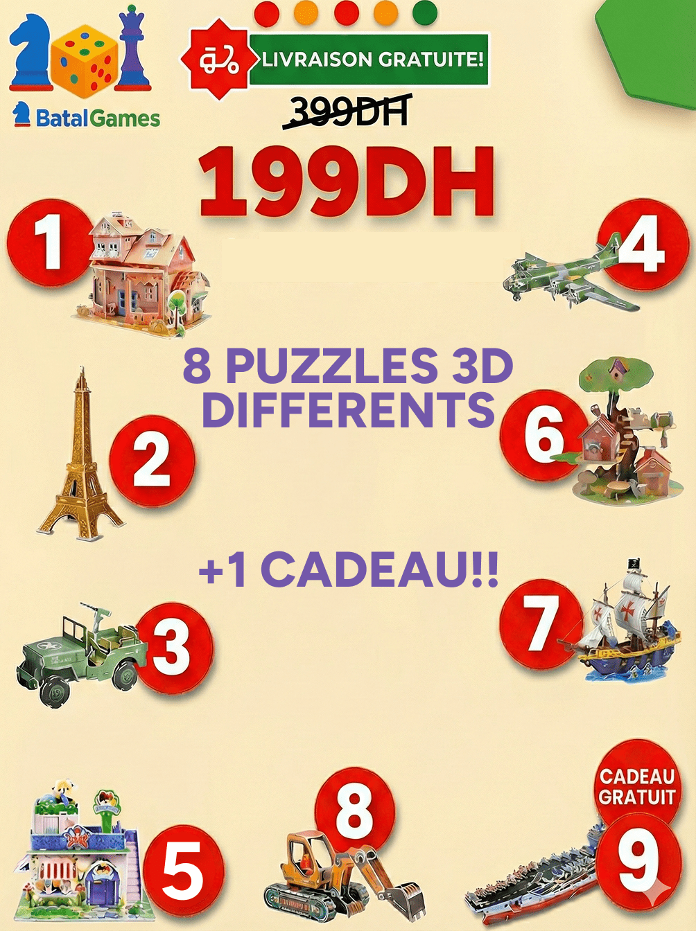Pack 3D Premium – 8 Puzzles XL + 1 Puzzle Offert | Jeu Créatif Famille – Livraison Gratuite - Batal Games
