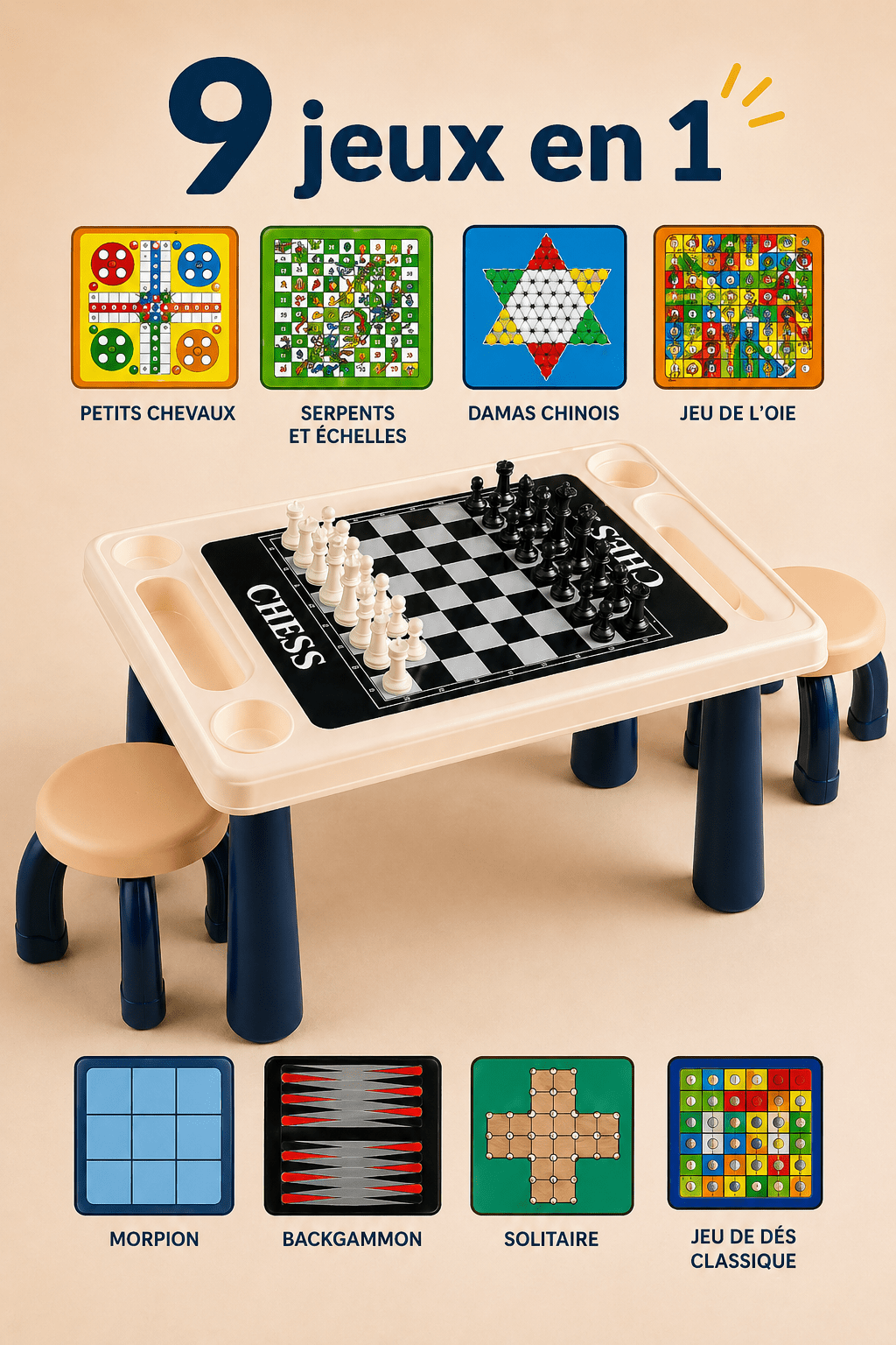 Table de Jeux 9 en 1 pour Enfants – Échecs, Backgammon, Petits Chevaux, Serpents & Échelles - Batal Games