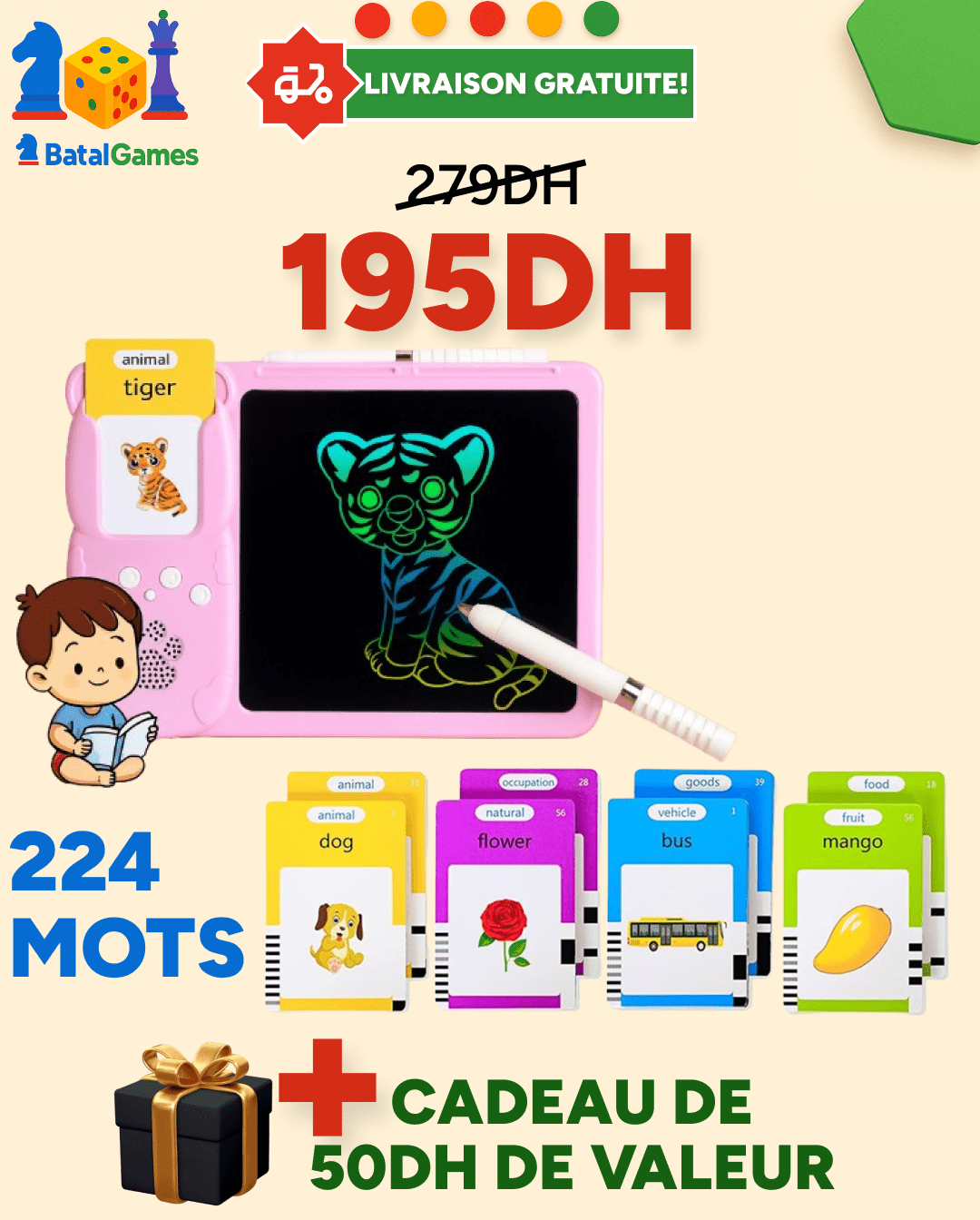 Tablette Éducative 2 - en - 1 : Lecteur de Cartes Parlant ARABE/ANGLAIS & Ardoise Magique LCD - Batal Games